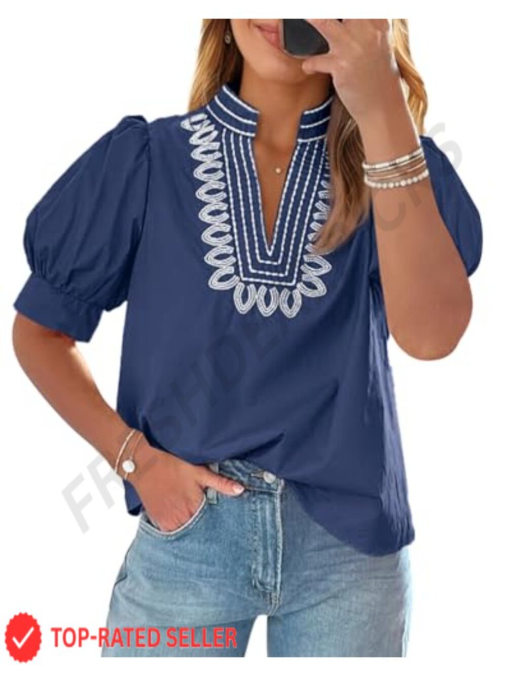Women's Puff Short Sleeve Embroidered V-Neck Blouse Dressy Boutique Top